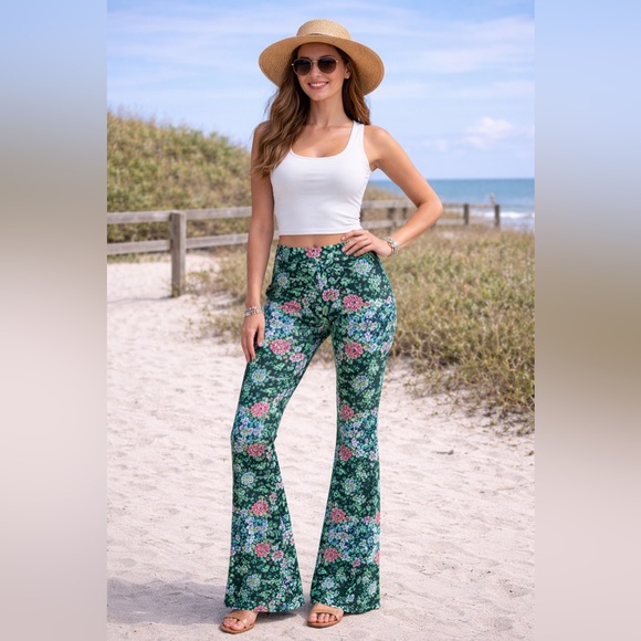 Free People Pants - Show Me Your Mumu Green Floral Flare Pants Size L Boho Bell Bottom Stretch